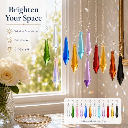 LOULIQIGIFT 12Pcs Multicolor Crystal Icicle Prisms Decorations - 55mm Gift Set
