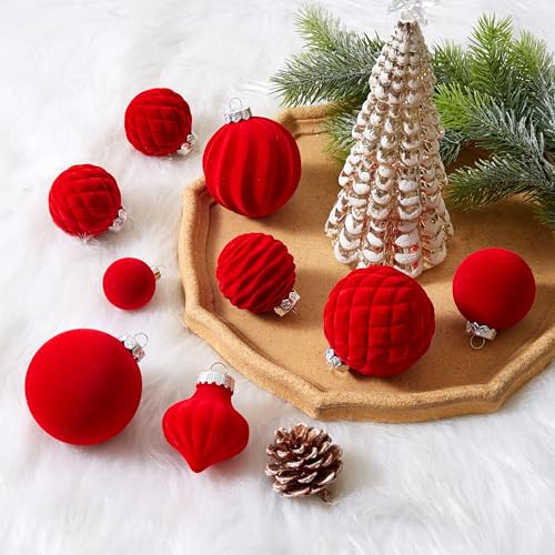 Wironlst 16ct Velvet Christmas Ornaments Set - 3.15" Flocked Matte Red Shatterproof Balls