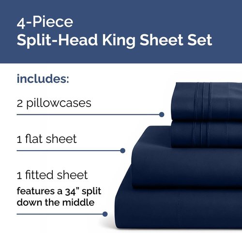 Flex Top Split Head King Sheet Set - Comfy Cooling Bed Sheets | Luxury Hotel Quality - Navy Blue