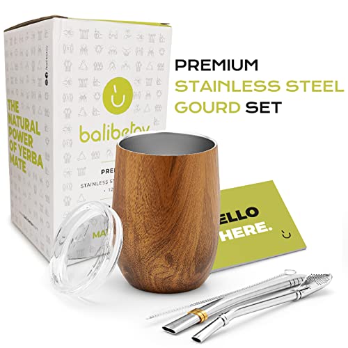 BALIBETOV 12 oz Yerba Mate Set with Ash Wood Cup, Lid, 2 Bombillas & Brush