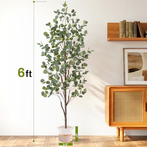 6FT Faux Eucalyptus Tree with Natural Wood Trunk & Planter