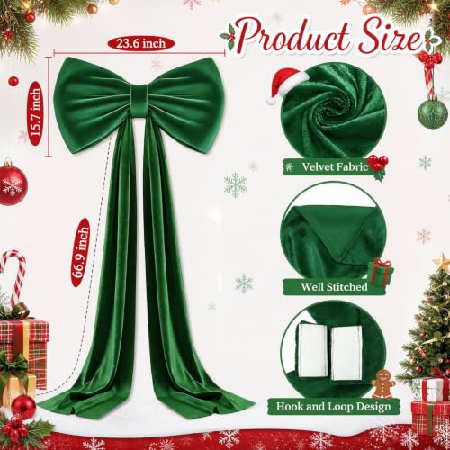 MODFUNS 75x23 Inch Dark Green Velvet Bow Christmas Tree Topper with Ribbon - Oversized Holiday Decoration