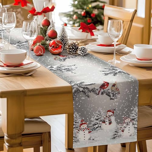 Ueplerts 13 x 72 Grey Christmas Table Runner – 72in Long Snowman Snowflake Farmhouse Decor
