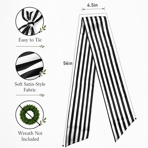 Black and White Stripe Wreath Sash for Front Door Decor, 4.5 x 56 Inch