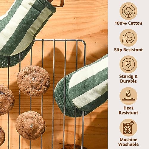 Mini Oven Mitts - Heat Resistant Silicone & Cotton Gloves, Set of 2, Green