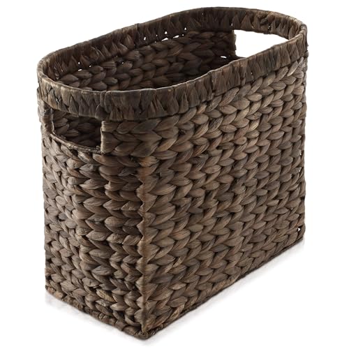 Woven Water Hyacinth Magazine Holder Basket with Handles - Espresso Brown