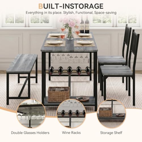 55-Inch Dining Table Set for 4 with Bench, Wine Rack & Storage Shelves
