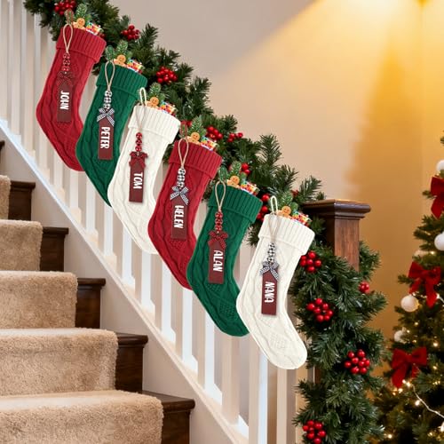 LumaBria 2-Pack 18-Inch Green Cable Knit Personalized Christmas Stockings with Wooden Name Tags