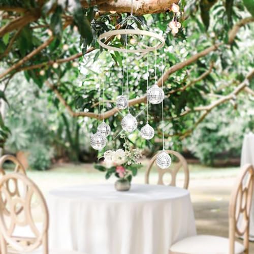 Hanging Disco Ball Mobile with Bamboo Circle for Garden and Patio Decor