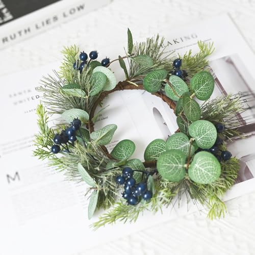 Artificial Norfolk Pine Candle Ring with Blue Berries, 12-Inch Christmas Decor
