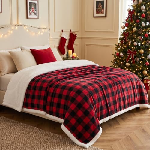 BEDELITE Red & Black Buffalo Plaid Sherpa Throw Blanket 50x60 | Reversible Flannel
