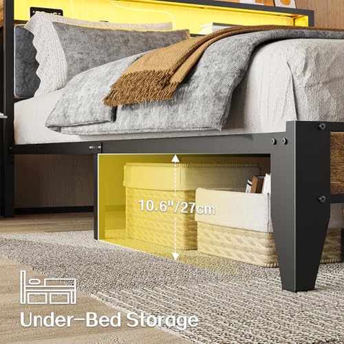 King Size Metal Platform Bed Frame with LED Headboard & Charging Station