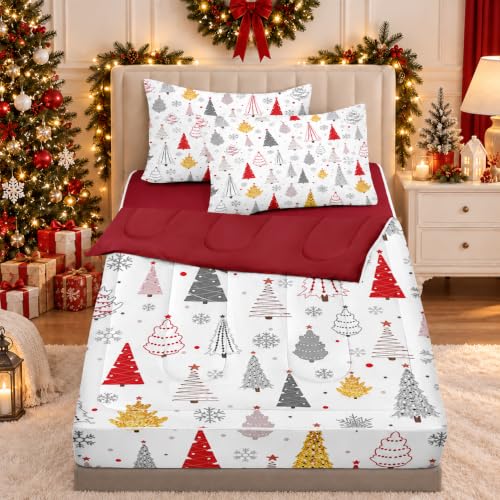 Nesker Christmas Tree Twin Zipper Bedding Set for Kids, 3-Piece All-in-One