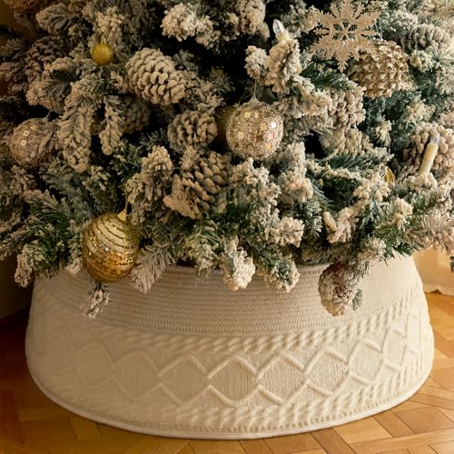 Cream Knit Christmas Tree Collar - Adjustable 23-30 Inch Tree Skirt Cover