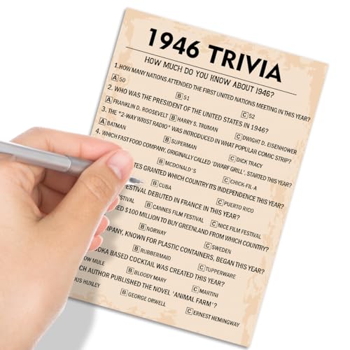 80th Birthday Trivia Game Cards, 1946 Party Activity, 30 Pack