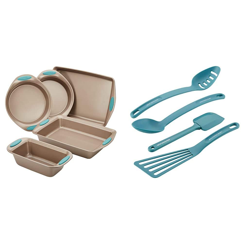 Rachael Ray 46179 Cucina Nonstick Bakeware Set with Grips - 5 Piece, Latte Brown & Cucina Nylon Nonstick Utensils/Fish Turner, Spatula, Solid and Slotted Spoons, 4 Piece, Agave Blue