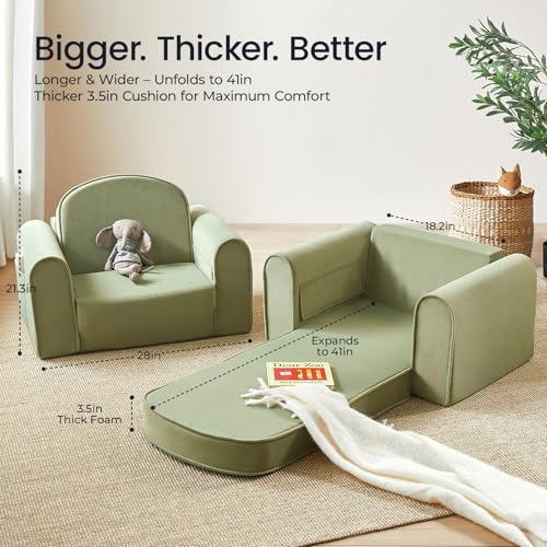 2-in-1 Foldable Kids Couch - Convertible Toddler Sofa Chair with Pocket, Green