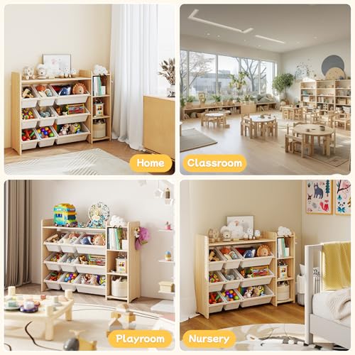 Kids Toy Storage Organizer with 9 Bins and 3-Tier Wooden Shelves