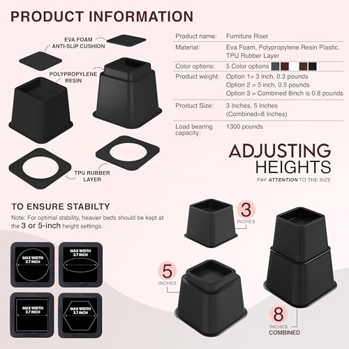 Adjustable Heavy Duty Bed Risers - 3 & 5 Inch Stackable Lifters, 4-Pack, Black