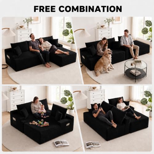 96 Inch Modular L-Shaped Couch with Deep Cushions - Black Sectional Sofa