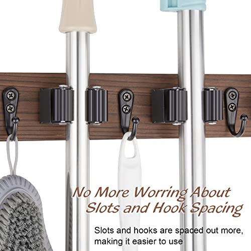 Rustic Wood Mop and Broom Holder Wall Mount with 4 Slots and 4 Hooks