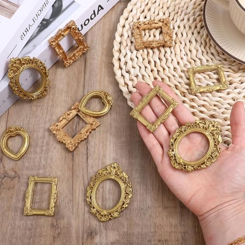 Ouligay 10pcs Mini Gold Picture Frames 1x1in Vintage Resin Wall/Table Display – Oval/Rect/Square/Round
