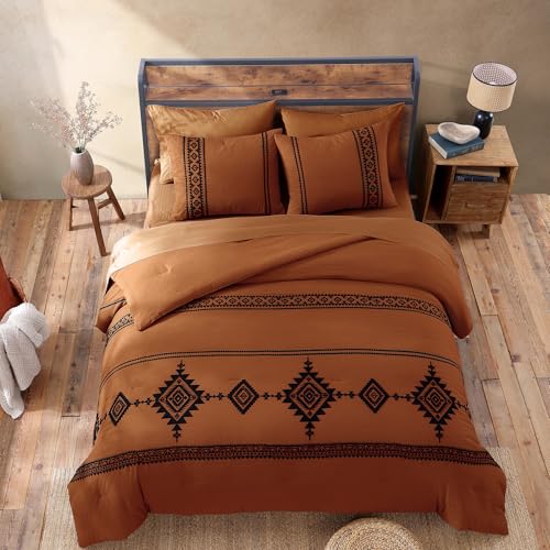 7-Piece Embroidered Queen Comforter Set - Burnt Orange Bed in a Bag