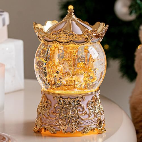 Carousel Musical Snow Globe Princess Unicorn Light Pink Music Box Gift for Girls Women Kids