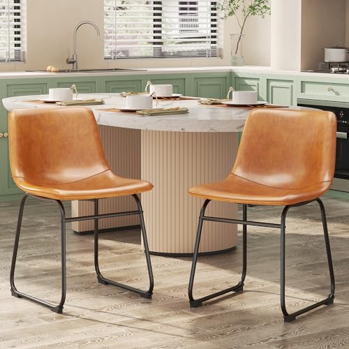 Modern PU Leather Dining Chairs - Set of 6 Brown Armless Kitchen Chairs