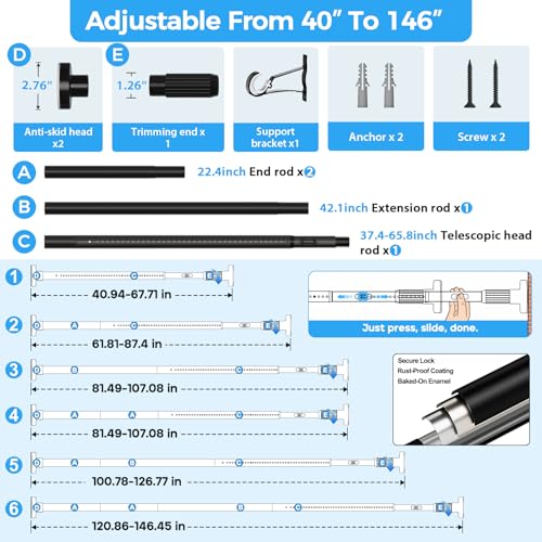 Heavy Duty Adjustable Tension Curtain Rod 41-144 Inch, No Drill
