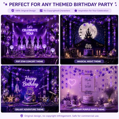 Holographic Purple Star Garland Banner - 130 ft Party Backdrop Decor