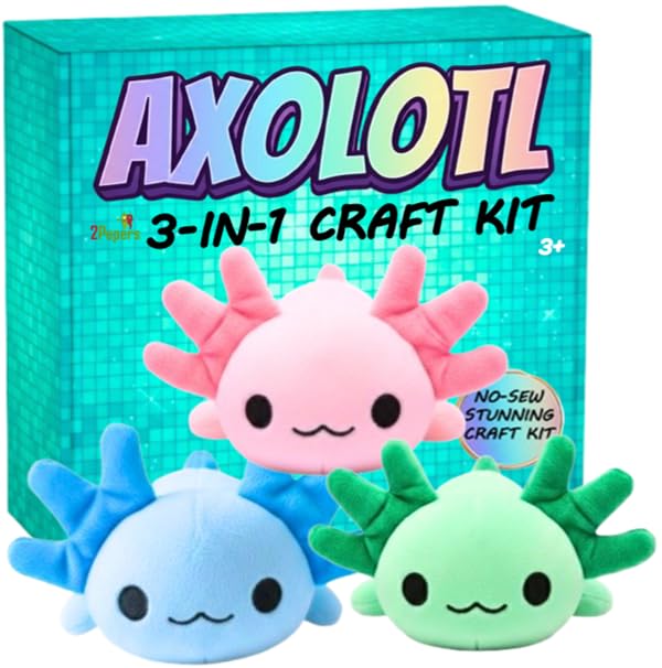 3-in-1 DIY Axolotl Plush Craft Kit, No-Sew Stuffed Animal Art Set for Kids