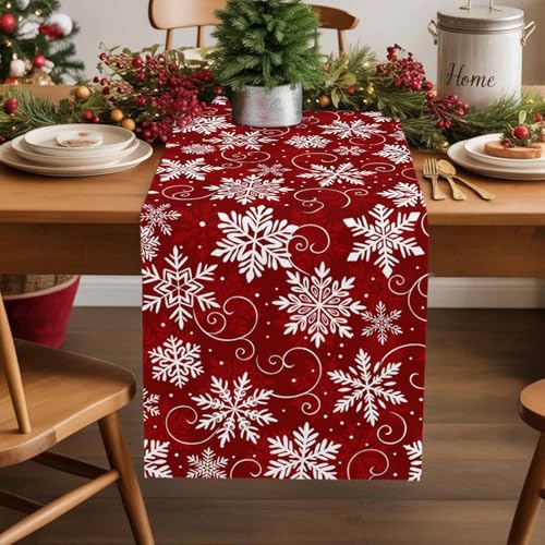 Onekaccu 13x36 Inch Red Snowflakes Table Runner for Holiday Dining Decor