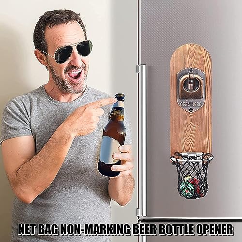 LUCYLANKER Vintage Wooden Wall Mounted Beer Bottle Opener with Magnetic Cap Catcher - Style 3