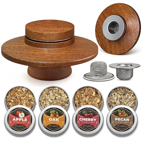Whiskey Smoking Kit with Sapele Wood & Stainless Steel Filters - 4 Flavor Chips, Cocktail & Spirit Infuser
