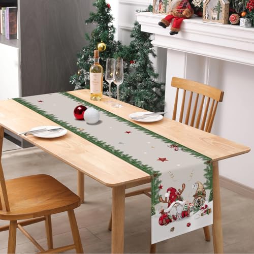 Bonhause Christmas Gnomes Table Runner 13x72 Inch with Pine Branches – Seasonal Holiday Kitchen Decor
