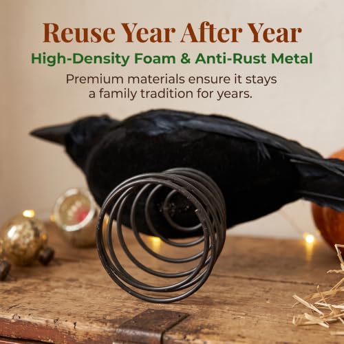 Gothic Black Feathered Crow Tree Topper with Spring Base - 10 Inch