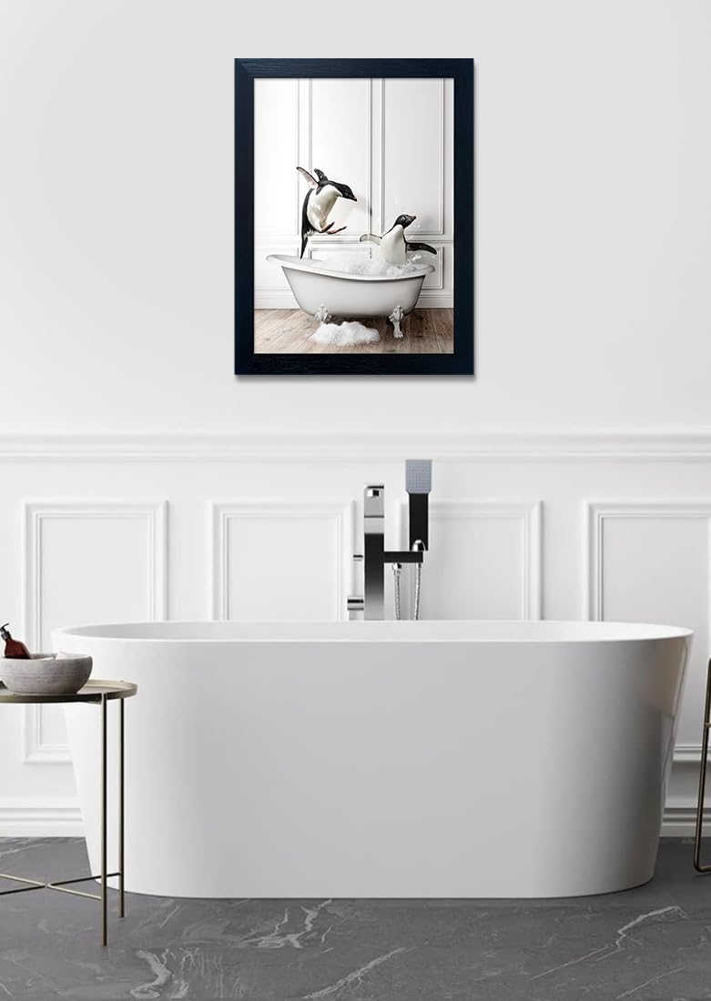 Skiennix Kids Bathroom Wall Decor - Cute Penguin Canvas Print | Funny Black and White Art