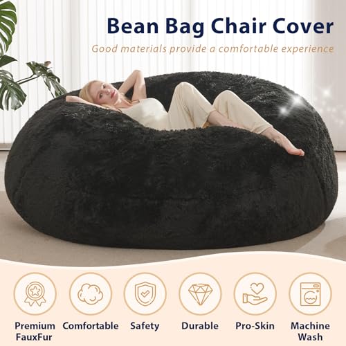 5ft Faux Fur Bean Bag Chair Cover, Washable Fluffy Beanbag Seat, Black