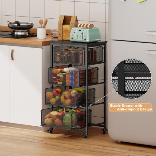 4-Tier Rolling Kitchen Storage Cart with Wooden Top & Wire Baskets