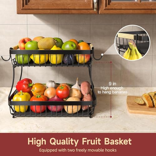 2-Tier Detachable Metal Fruit Basket with Banana Hangers & Wooden Handle