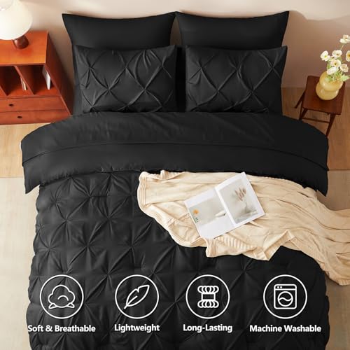 CozyLux Black Queen Comforter Set 7-Piece Pintuck Bed in a Bag