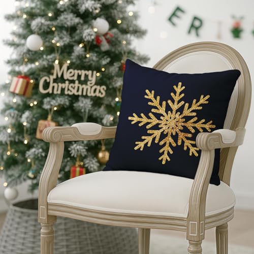 Blue Snowflake Gold Throw Pillow Covers Set of 2, 18x18 Inches - Emvency
