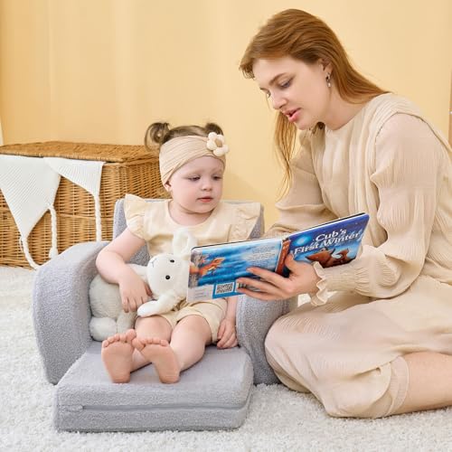 3-in-1 Foldable Toddler Couch and Sleeper Bed - Gray Sherpa Fleece