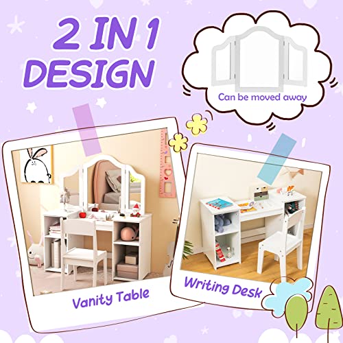 Kids Vanity Set with Mirror, 2-in-1 Wooden Makeup Table and Chair for Girls