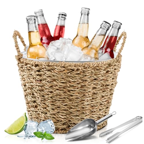 5 Quart Wicker Outer Ice Bucket with Scoop and Tongs for Parties & Barbecues