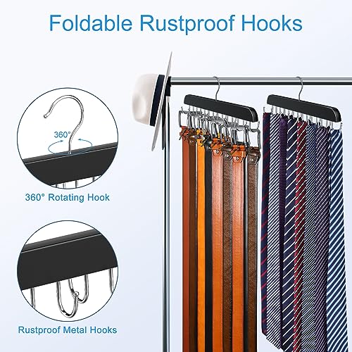 Wooden Belt Hanger for Closet Storage with 14 Hooks Black