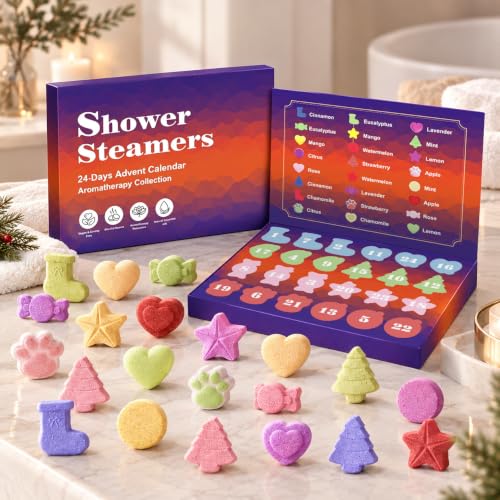 Zesua Advent Calendar 2026 – 24 Shower Steamers, 12 Scents, 8 Shapes, 24-pack