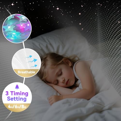 Princess Bed Canopy with LED Star Lights & Remote Timer for Twin to King Beds