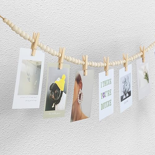 Boho Wood Bead Hanging Photo Display with 9 Clips, 55-inch Wall Decor